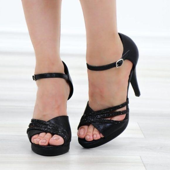 Shimmery Black Satin Platform Heeled Stiletto Sandal - Picture 4 of 11